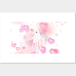 Cute white baby unicorn with pink hearts and shiny stars Posters and Art